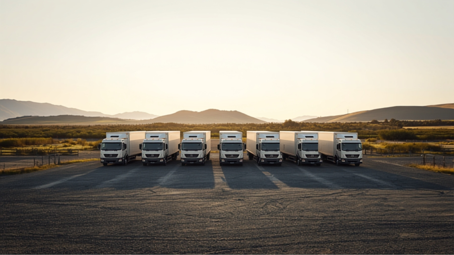 Trucks parked up in a rural transport yard late in the day
