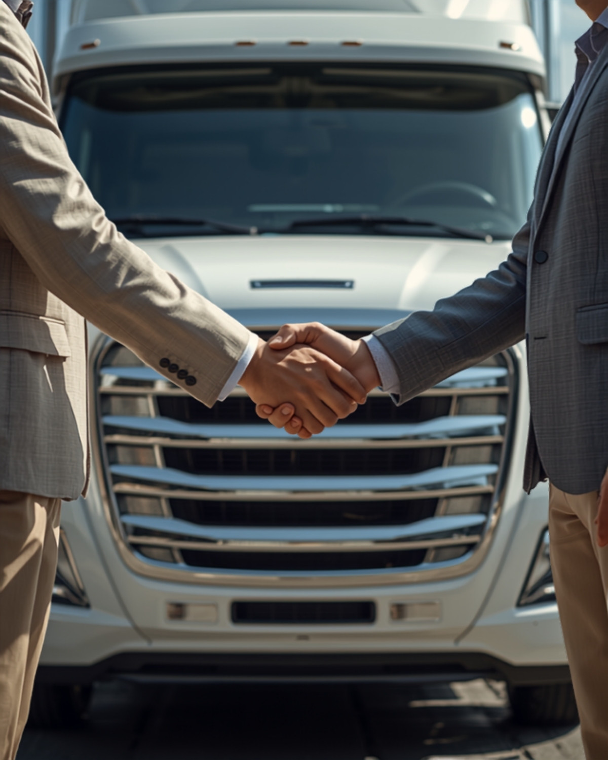 Two people shaking hands beside a truck at handover