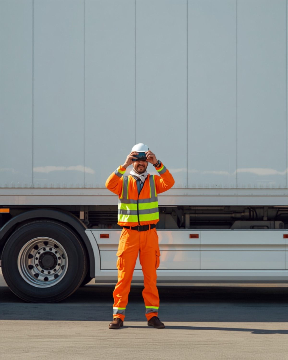 A driver in a hi-vis vest photographing the side of a truck before departure