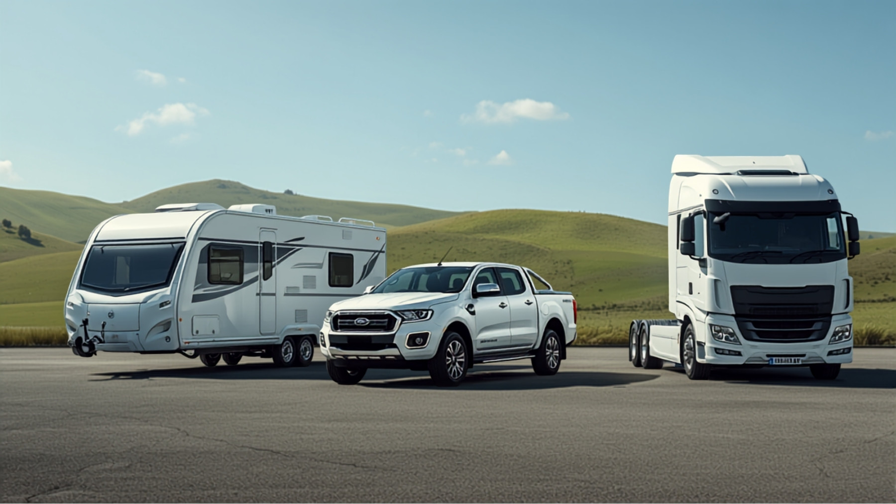 A caravan and a ute parked beside a larger truck, showing the range of vehicles moved