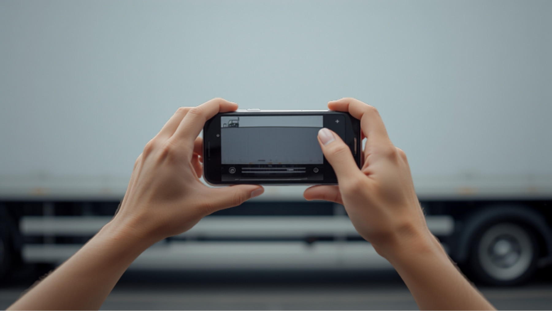 Hands photographing the side of a truck on a phone to record its condition