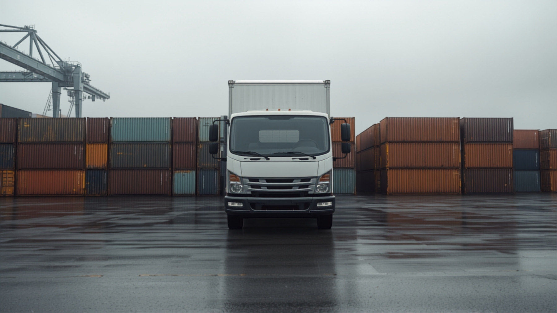 A truck parked among stacked containers in a port yard